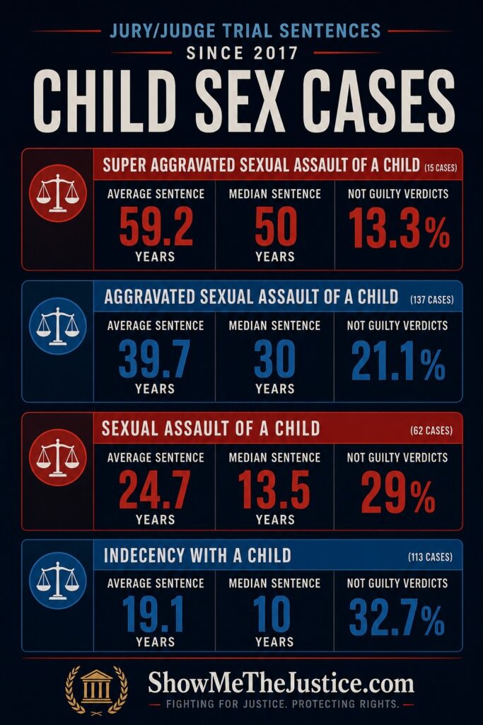 Harris County child sex offense jury trial statistics comparing four felony offenses since 2017: Super Aggravated Sexual Assault of a Child, Aggravated Sexual Assault of a Child, Sexual Assault of a Child, and Indecency with a Child. The chart compares average prison sentences, median sentences, acquittal rates, and total jury trials for each offense.